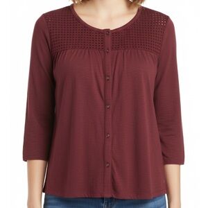 EDDIE BAUER Button Down Top with Eyelet Detail, Women’s L, Burgundy